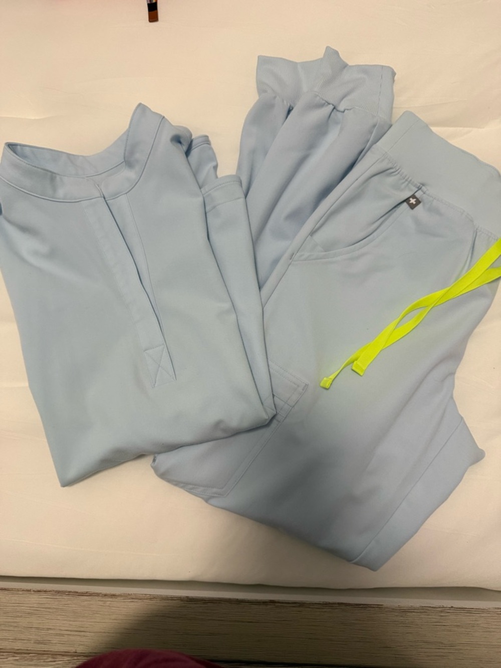 Figs Light Blue Medical Top with Pale Yellow Nail Accent